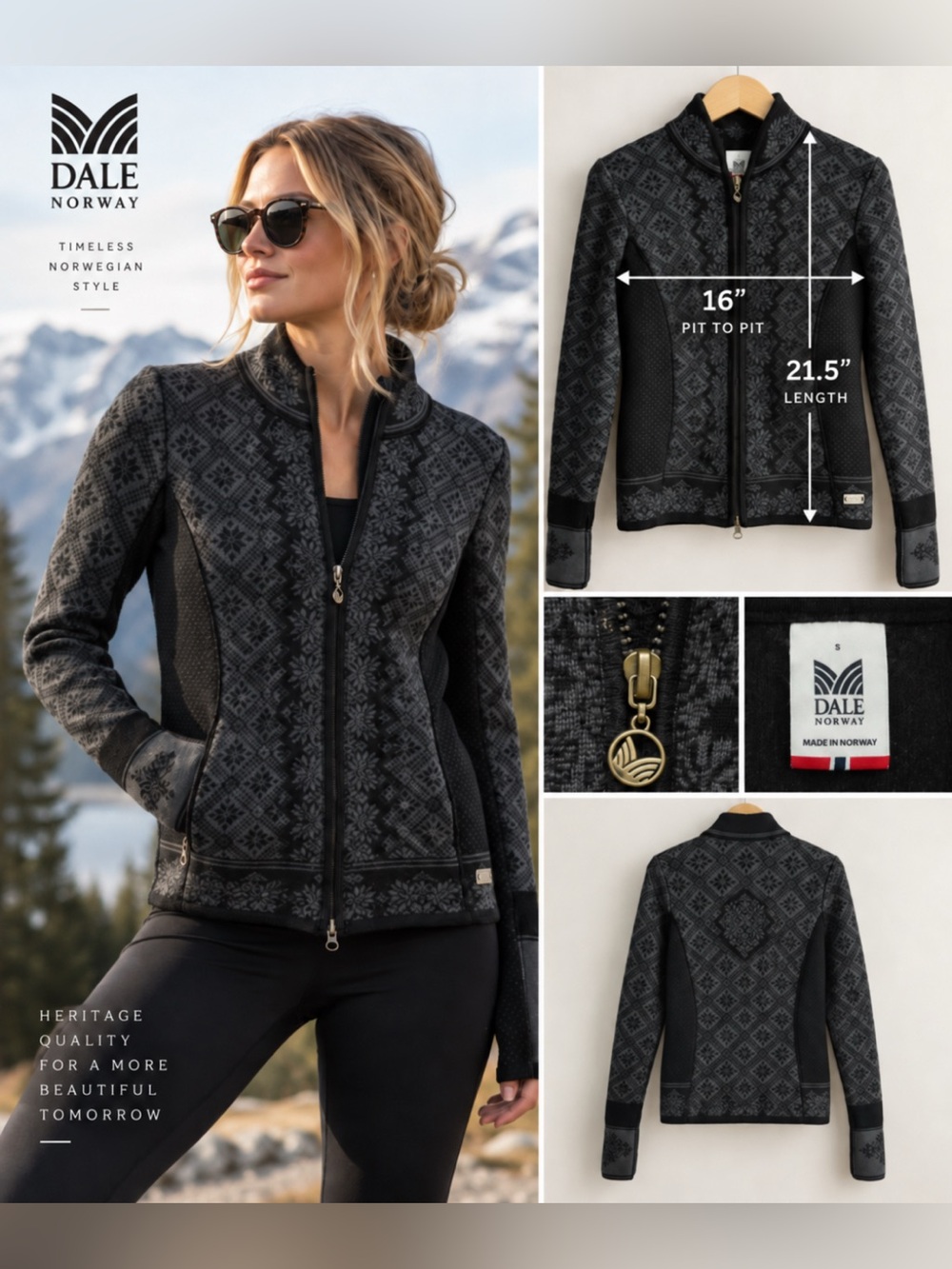 Dale Of Norway Black & Grey Patterned Zip Cardigan | Sweater Jacket | Size XS-S